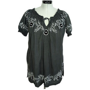 Gretchen Scott Designs Embroidered Dark Gray Cotton Peasant Top, size large